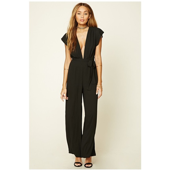 Forever 21 Pants - New F21 Black Plunging Chiffon Jumpsuit NWT [D5]